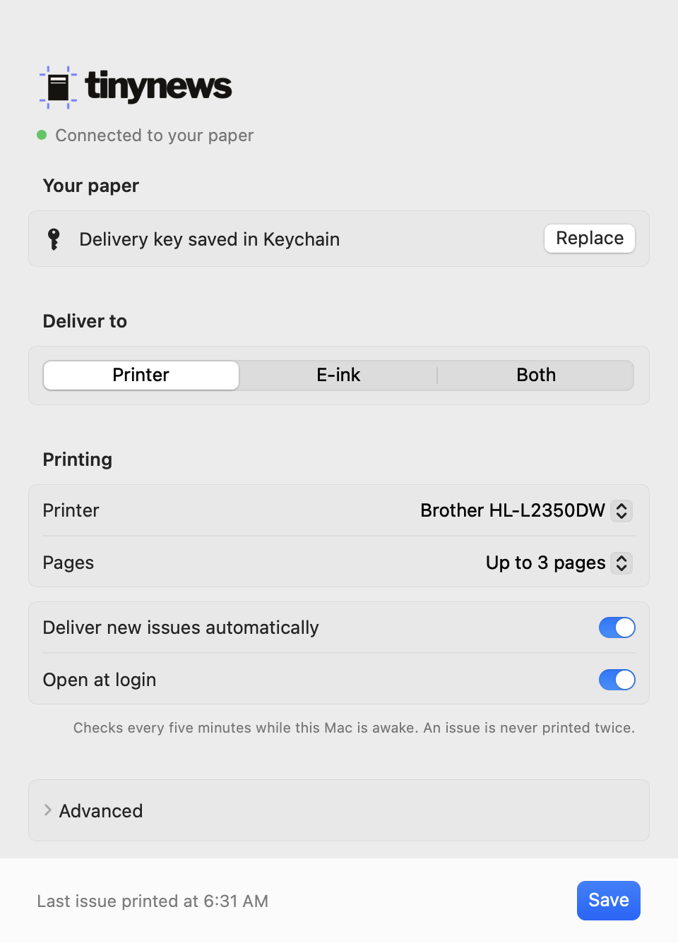 TinyNews Settings: delivery key saved, printing to a Brother printer, automatic delivery on