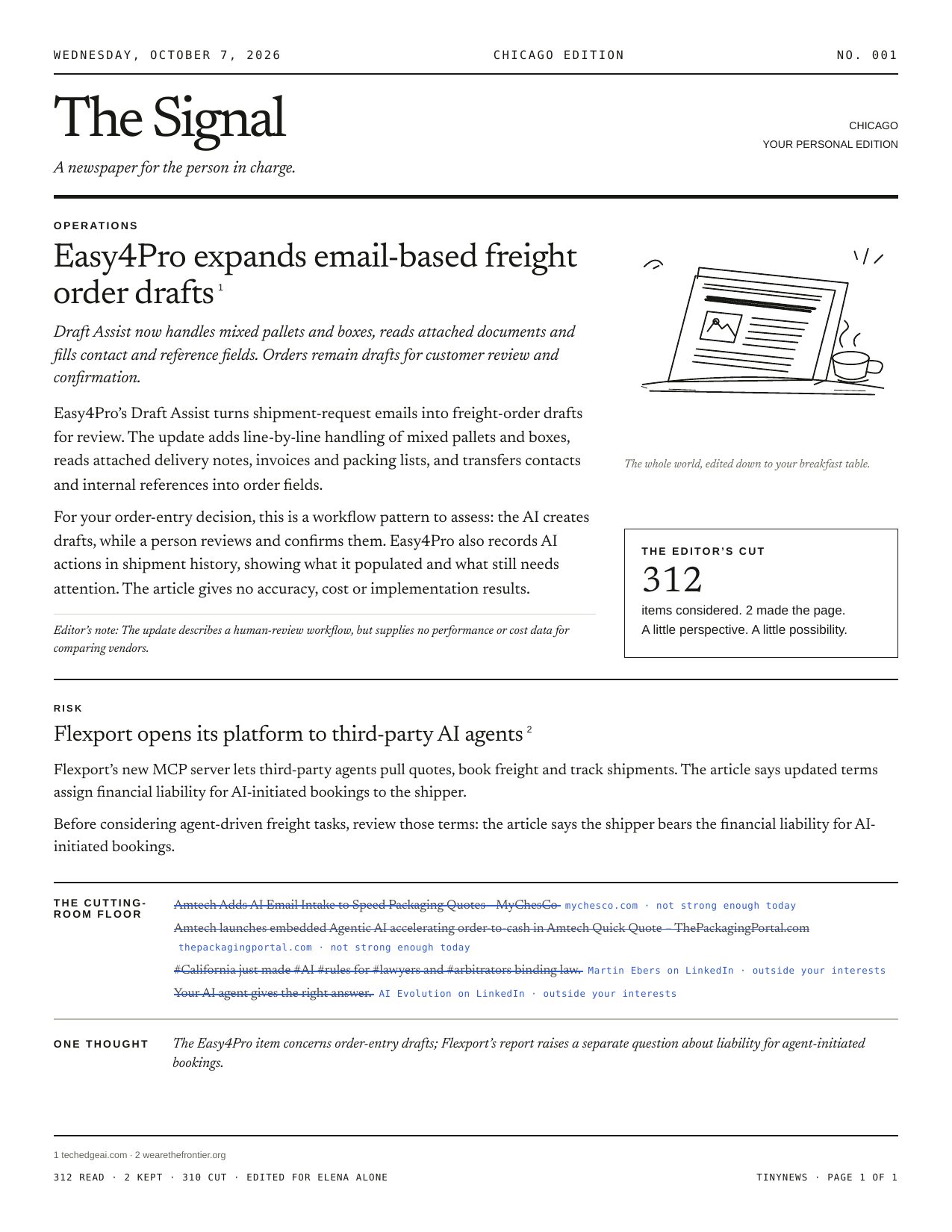 Page 1 of The Signal, a TinyNews issue: Easy4Pro expands email-based freight order drafts