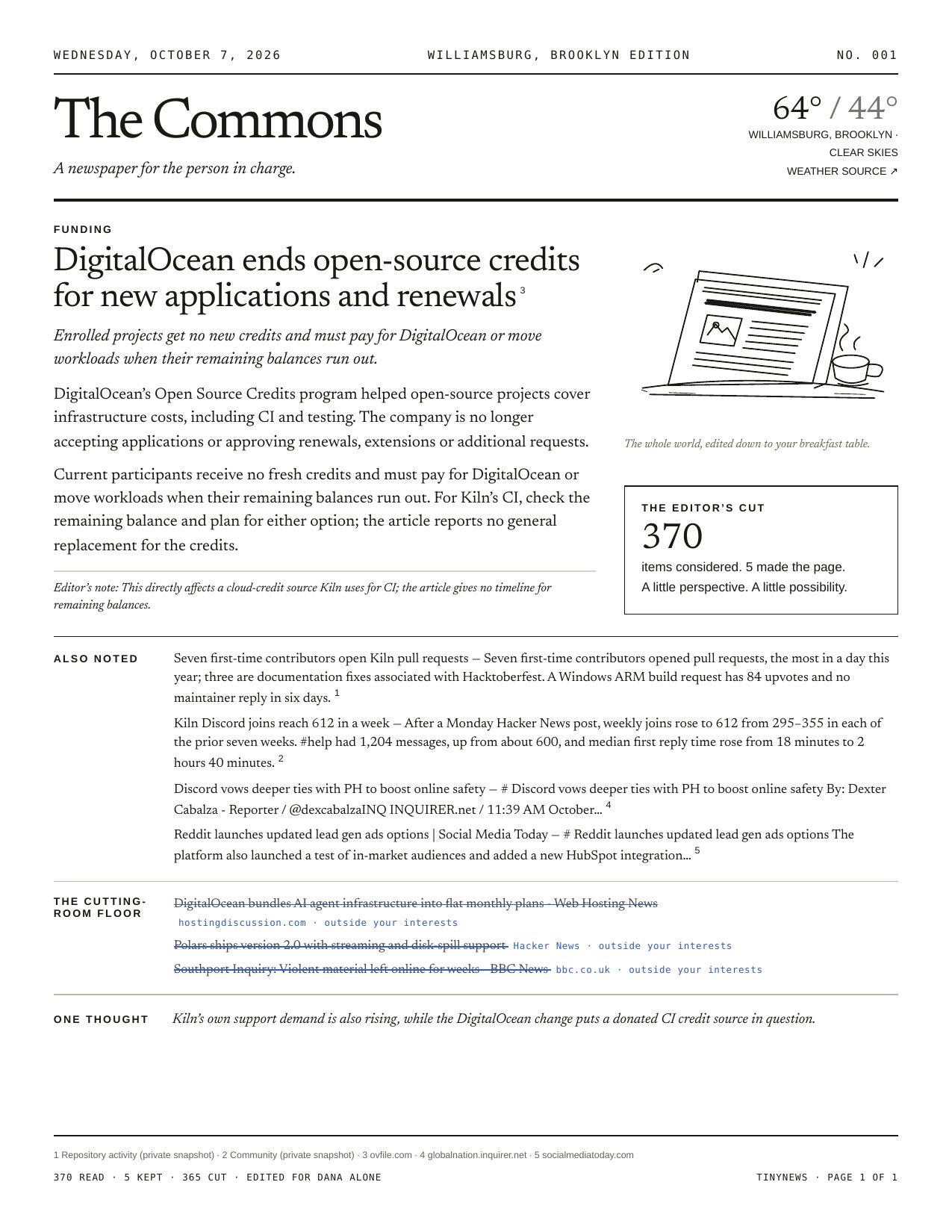 Page 1 of The Commons, a TinyNews issue: DigitalOcean ends open-source credits for new applications and renewals