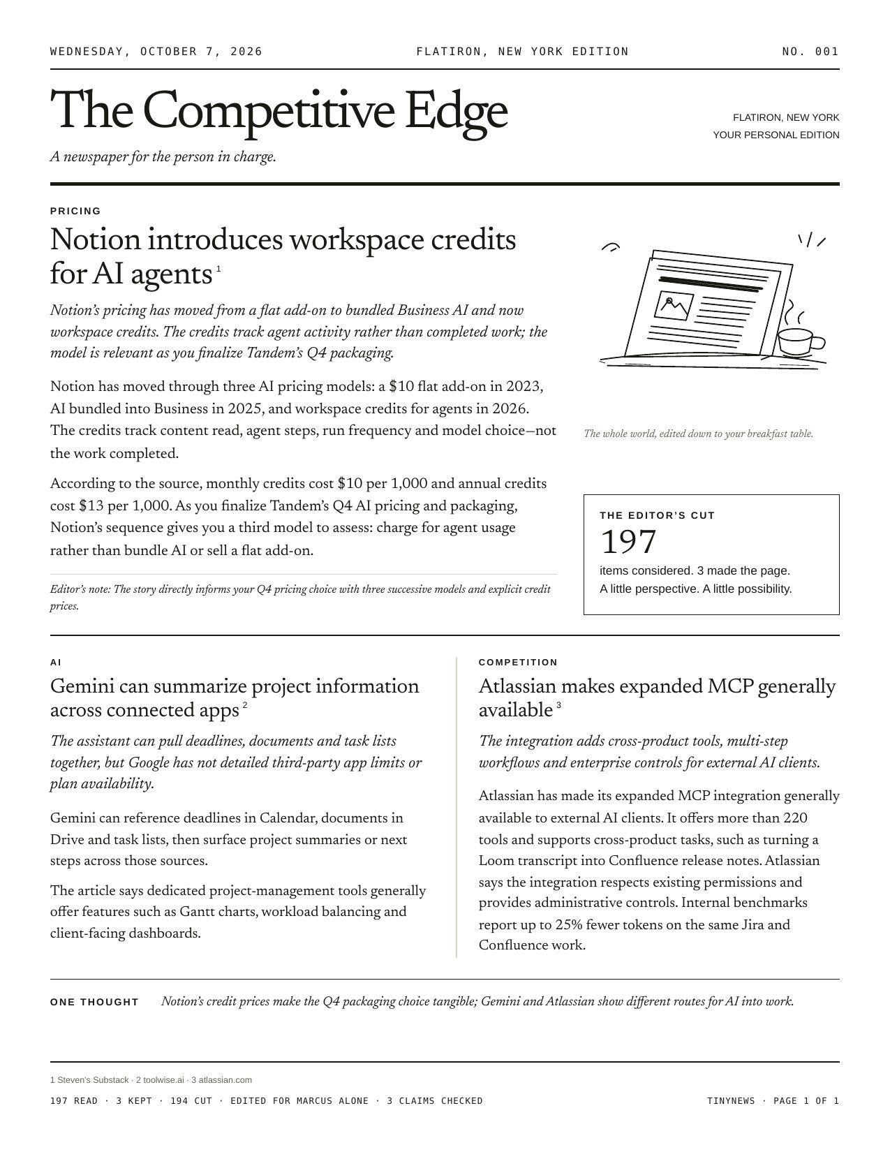 Page 1 of The Competitive Edge, a TinyNews issue: Notion introduces workspace credits for AI agents