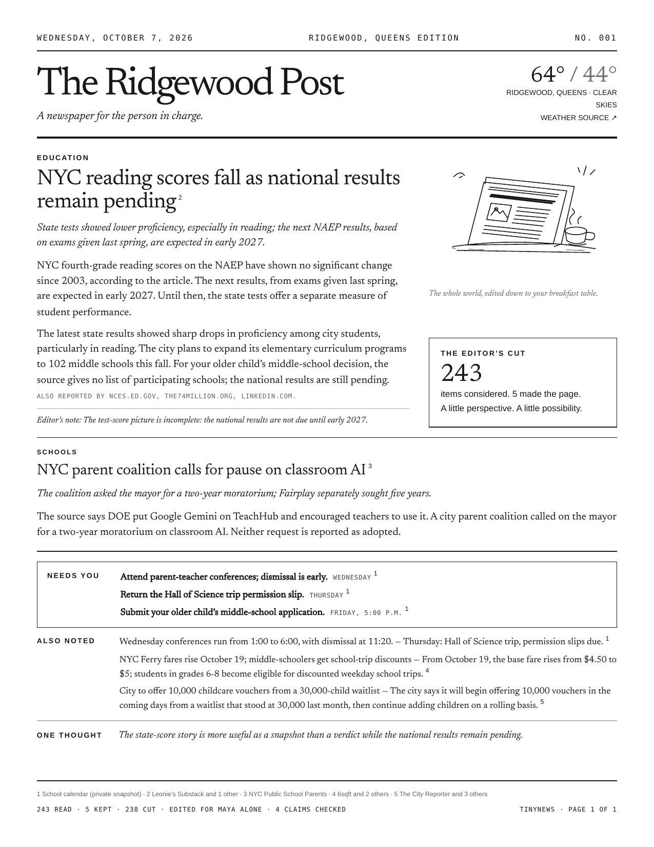 Page 1 of The Ridgewood Post, a TinyNews issue: NYC reading scores fall as national results remain pending